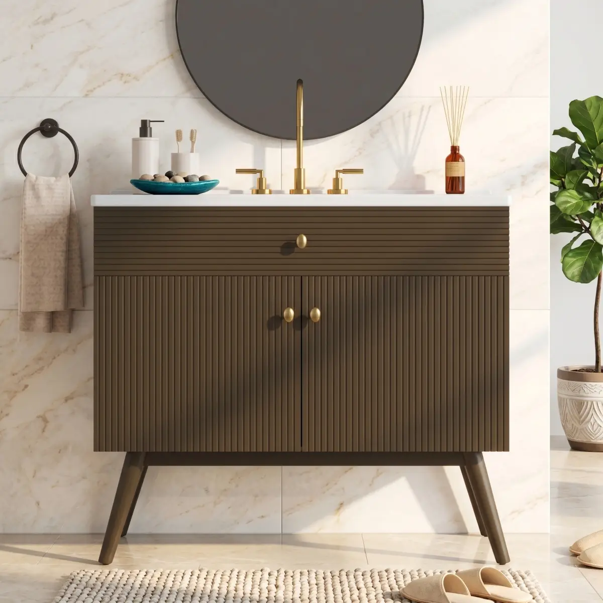 36 inch Luxury Striped Bathroom Vanity, Soft-Close Dual-Door Storage & Premium Ceramic Sink, Dark Brown