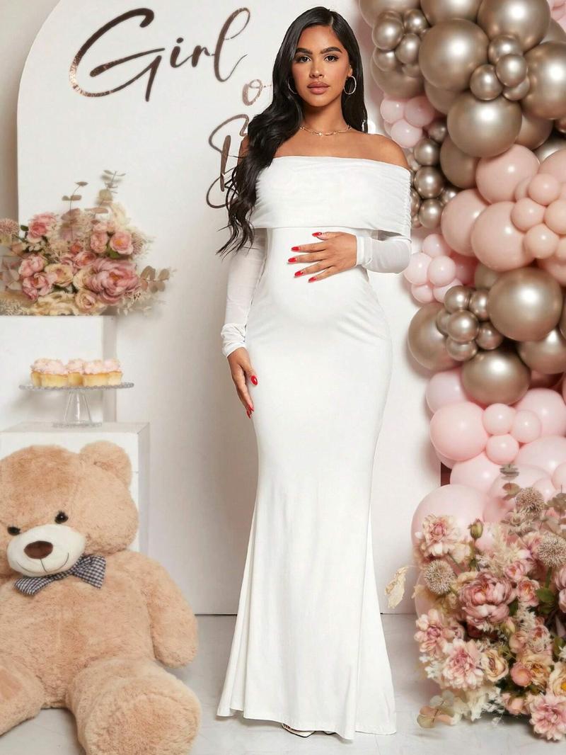 Solid Color off Shoulder Maternity Dress, Stylish Comfortable Design for Expecting Moms, Perfect for Baby Showers or Casual Outings, Maternity Clothing