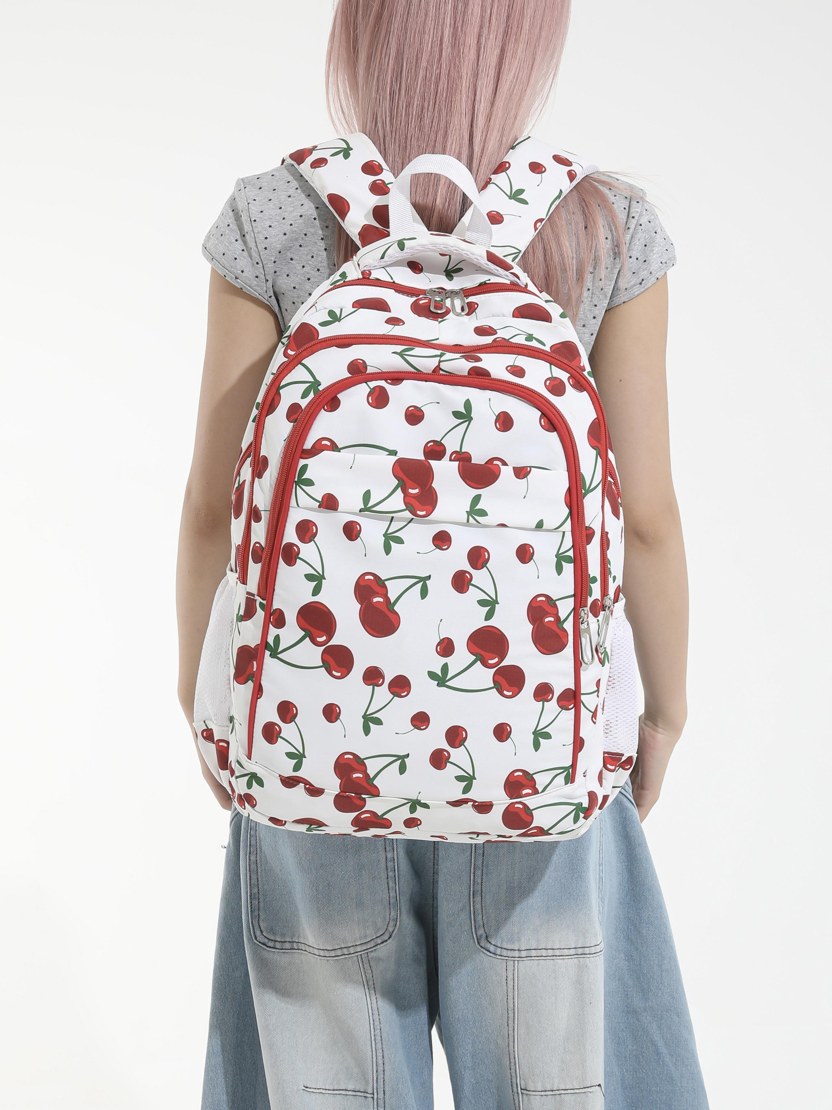 Fashion Cherry Print Backpack, Large Capacity Multi-Pocket Bag, Adjustable Straps, Zipper Closure, Ideal for Office, School, Travel
