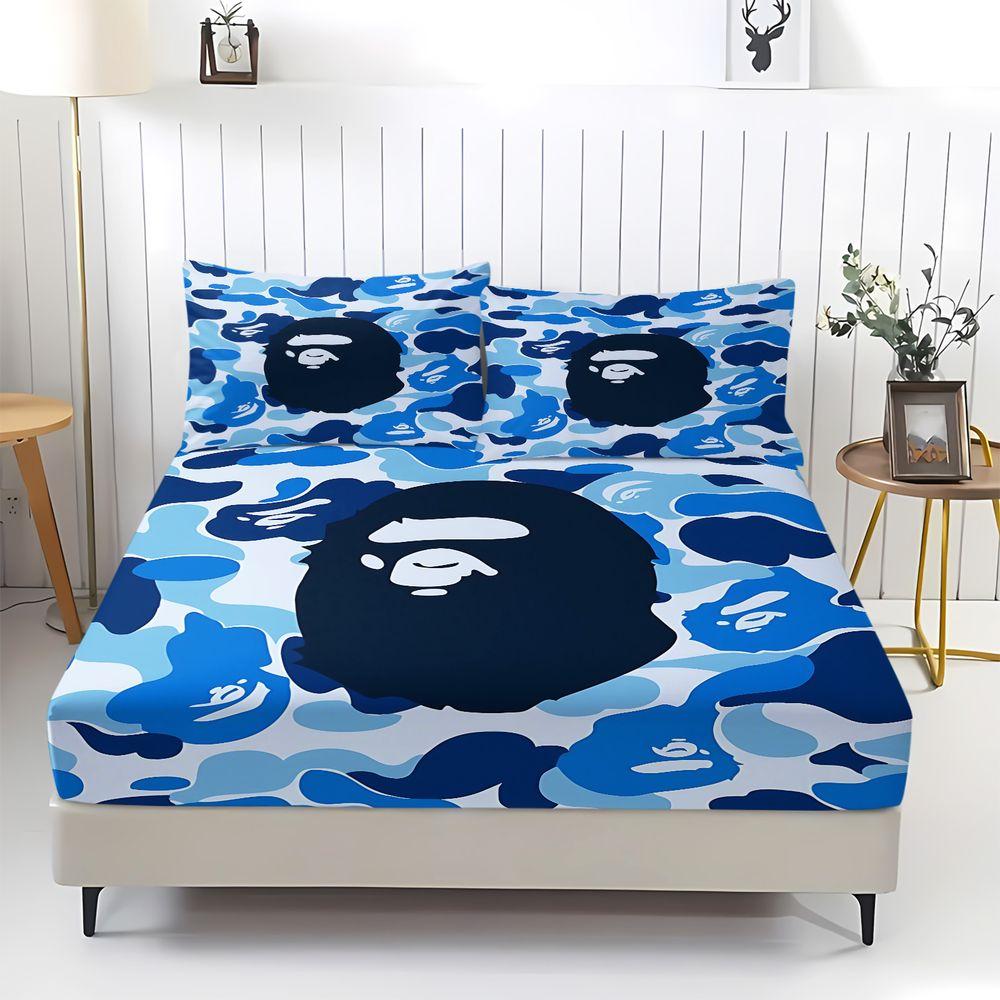 3Pcs Monkey Camo Fitted Sheet Set, Amoeba Pattern with Monkey Head Logos, Soft and Durable Bedding Fabric, Ideal for Modern Bedroom Style and Stylish Sleep Experience. Includes 2 Pillowcases, No Pillow Core, Bedsheet Sets