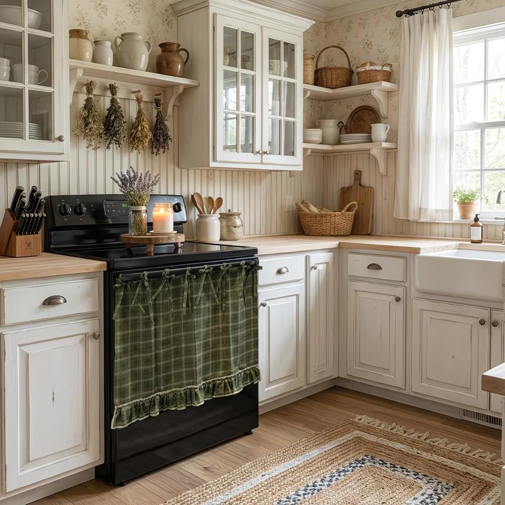 Handmade Kitchen Apron Curtain, Tie-Top Design, Heat Resistant, Easy Installation, Farmhouse Style, Covers Oven, Dishwasher, Washer