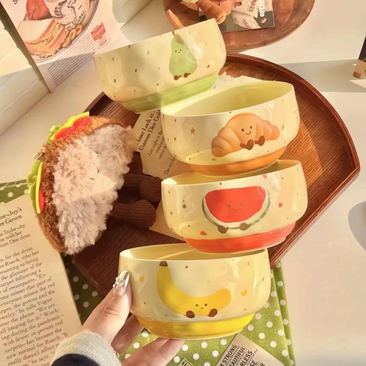 Cute Fruit Ceramic Bowl Creative Kawaii Hand-painted Ceramic Anti-scald Soup Bowl Home Kitchen Noodle Ramen Tableware Bowl