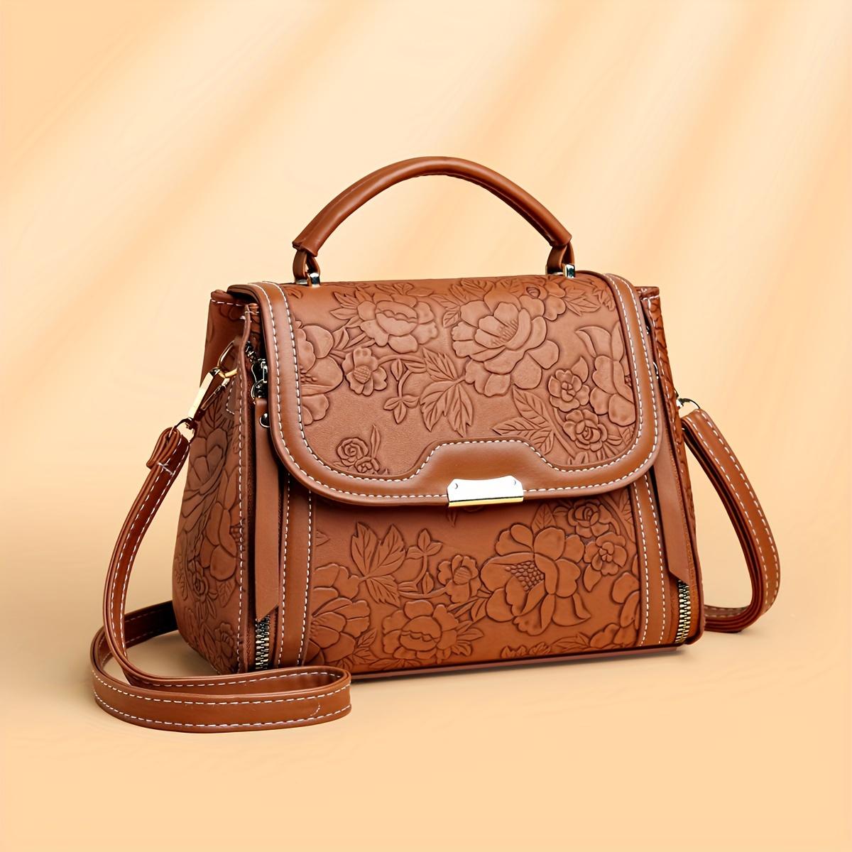 Ladies' Elegant Flower Embossed Handbag - Brown/Red/Black