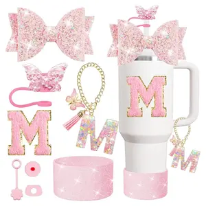 8PCS Cup Accessories Set for Stanley Cup 30 40oz Tumbler Straw Topper Cover Cap Boot,Spill Proof Stopper Charm Initials Sticker