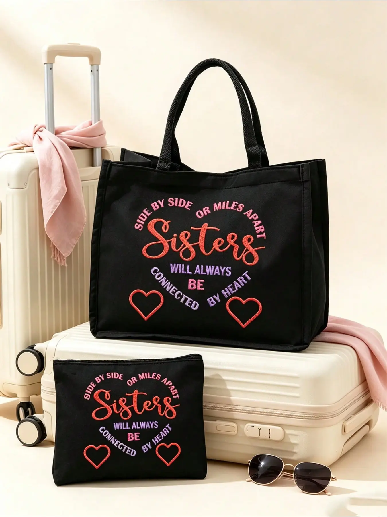 I Love You Sister Linen Tote Bag Set, Heart Floral Inspirational Foldable Handbag with White Zipper Cosmetic Pouch, Reusable Beach Shopping Bag for Commute Travel Vacation, Sweet Gift for Sisters Friends Birthday Holiday Back to School