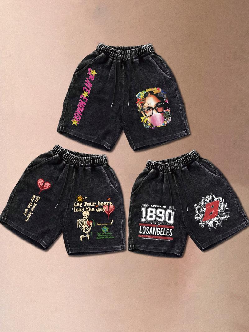 Men's Solid Color / Letter Graphic Print Denim-effect Print Drawstring Waist Shorts,, Regular Fit Casual Street Comfy Breathable Shorts for Daily Wear, Men's Bottoms for Summer