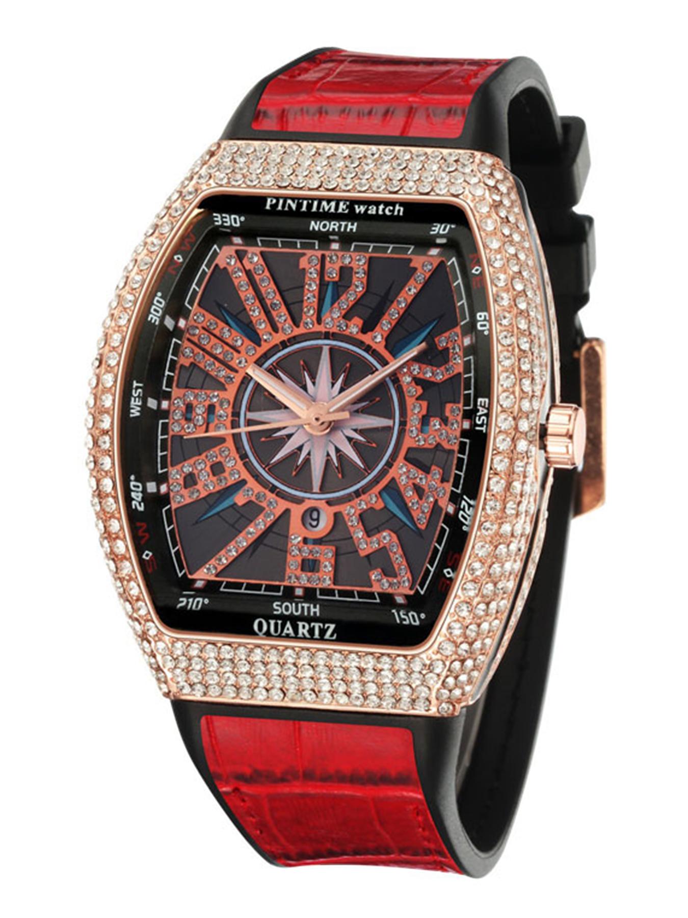 Men's Business Quartz Watch, Barrel Shape Starry Strap, Yacht Diamond Vintage Large Dial, Waterproof Stone Watch, 1pc