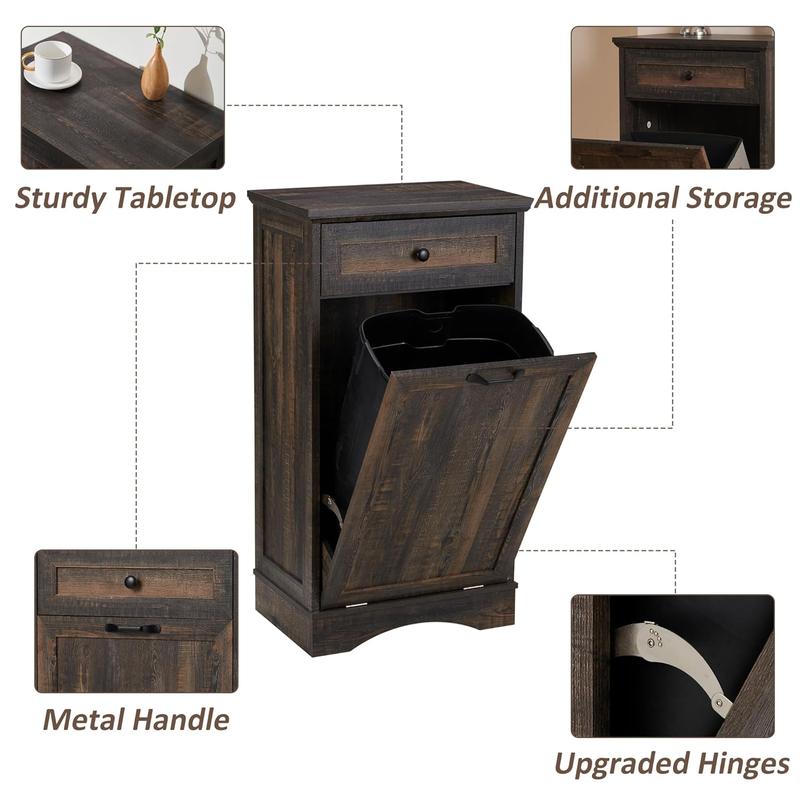 【Does Not Include Trash Can】DRAGOSUM 13 Gallons Wood Garbage Recycling Cabinet, Freestanding Kitchen Trash Bin Cabinet, Tilt Out Trash Cabinet with Hideaway Drawer, Pet Proof Trash Can, Holder for Kitchen Living Room