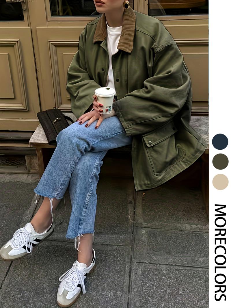 Autumn Winter New European Style Women's Retro Casual Loose Colorblock Corduroy Lapel Windbreaker Coat, Slim-Fit Woven Fabric Jacket