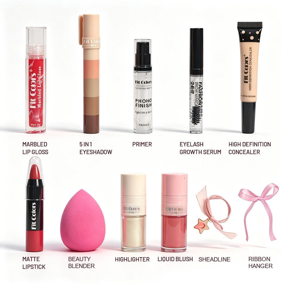 11-piece all-in-one makeup set for lazy users. Complete base, eye and lip makeup. Easy for beginners. Great for daily use, travel and gifting