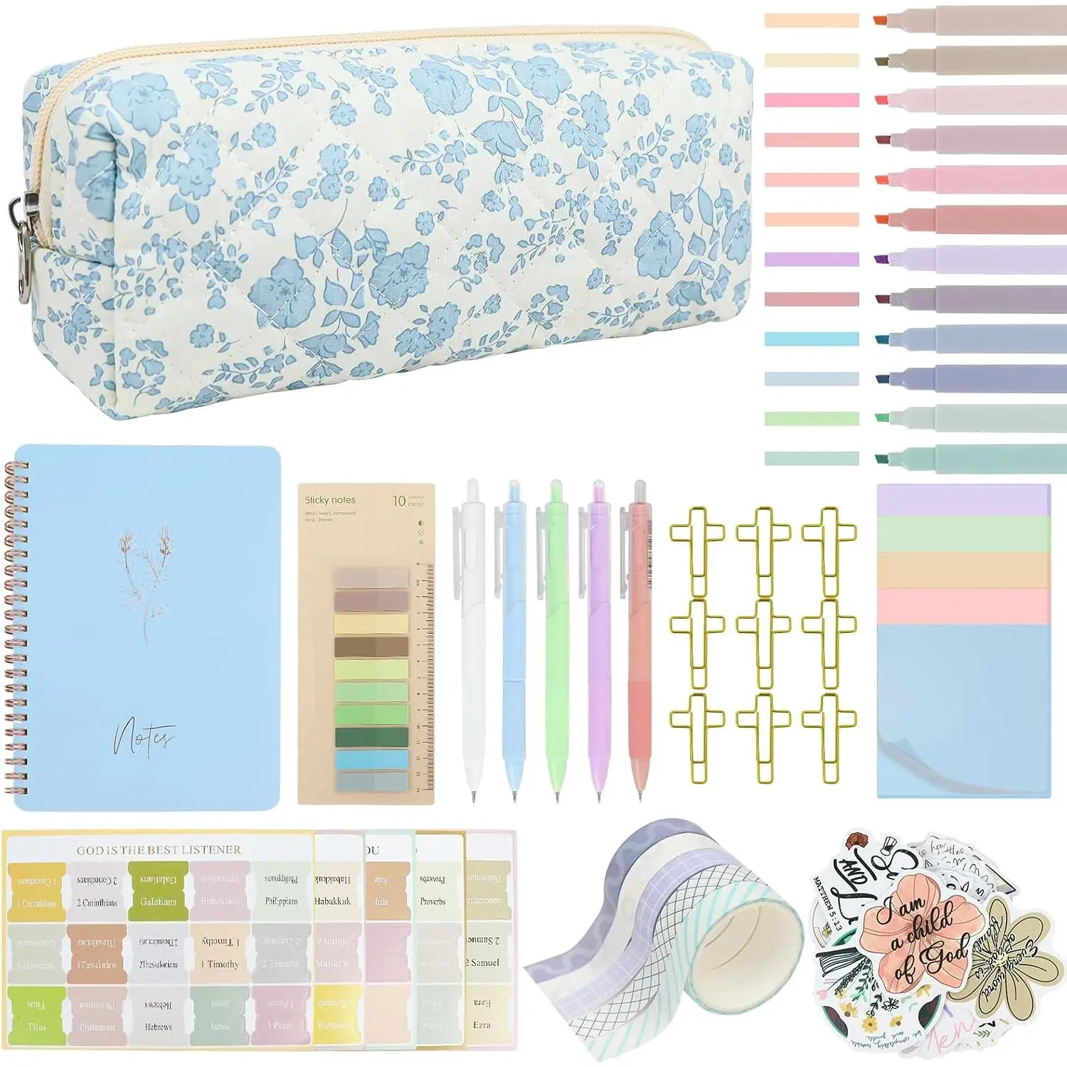 Quilted Study Supplies Journaling Kit with Pen Case, Includes Tabs, No-Bleed Highlighter, Notebook, Sticker Decor, Aesthetic Book Annotation Kit, Christian Gifts for Women (Pow)