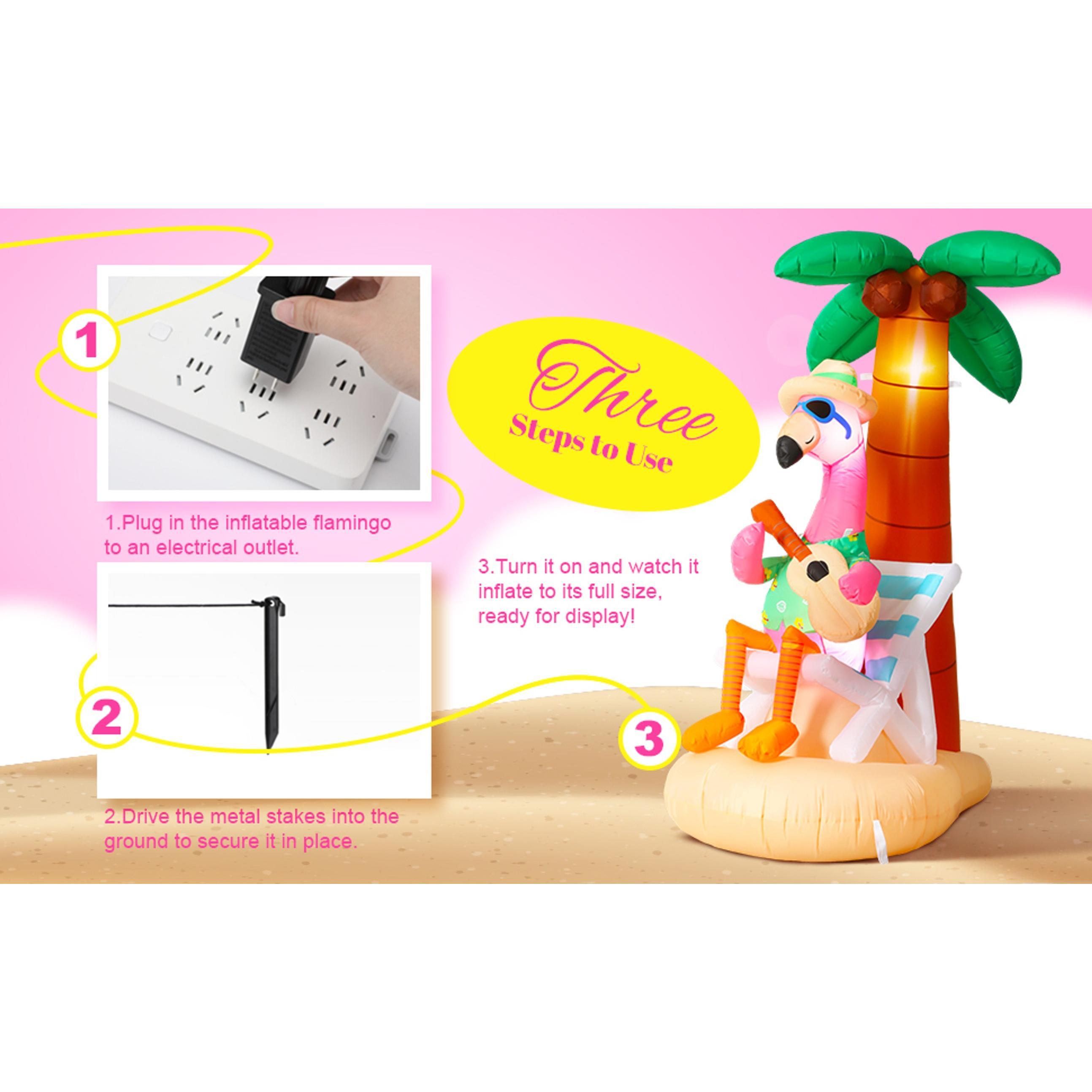 6 ft Inflatable Flamingo with Coconut Tree, Bright LED Lights, Built-in Blower & Plugs - Easy Installation Aloha Luau Decor for Outdoor Home Garden Pool Beach Party (Pet-Friendly Outdoor Celebration Accessory), Hawaiian, Colleagues, Family, Beach Chair