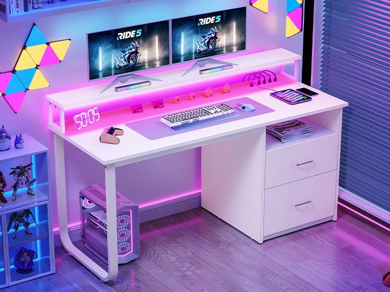 DWVO Computer Desk with Drawers, 55" Office Desk with Power Outlets & LED Light, Home Office Desk with Storage Shelves