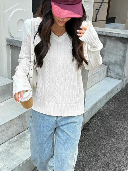 Women's V Neck Long Sleeve Sweater Knitwear, Casual Home Wear, Comfortable Fabric, Perfect for Winter, Knitted Pullover Top