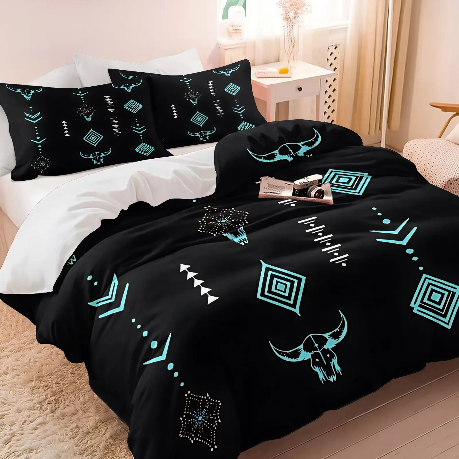 Western Bull Skull Aztec Duvet Cover Set, Rustic Tribal Geometric Printed Bedding Set, 1 Duvet Cover & 1-2 Pillowcases No Filling, Soft Microfiber Southwest Ethnic Bed Linens, Rustic Cowboy Room Decor for Men Teens Bedroom