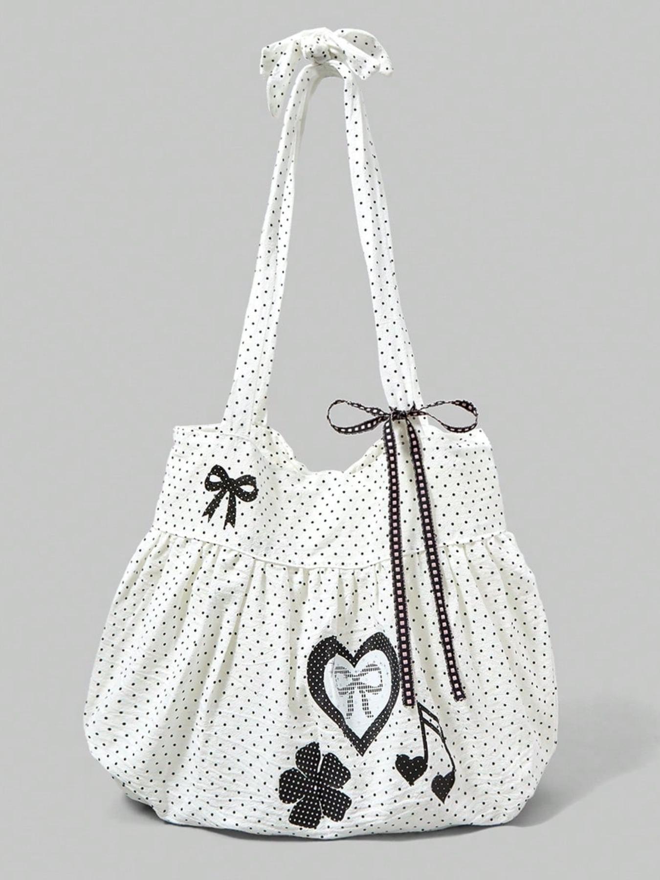 Sweet Cute Bow Vintage Heart Ladies Shoulder Bag, Simple Polka Dot Summer Floral Note Large Capacity Tote, Fits Laptop, Ideal for Daily Commute