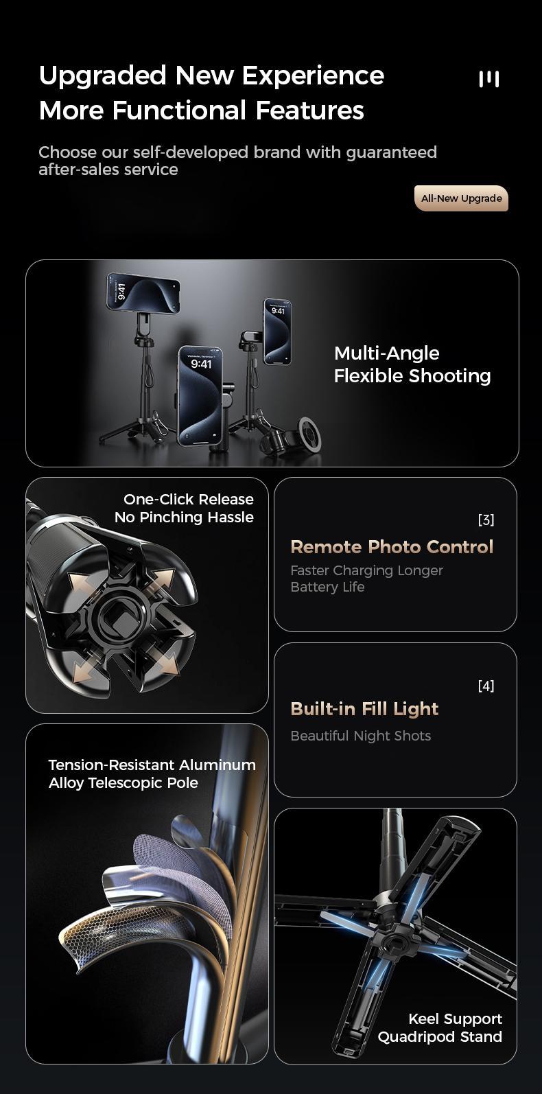 2026 New 4-in-1 Multifunctional Magnetic Selfie Stick 360° Rotation Compact Stylish with Wireless Bluetooth Control Magnetic Phone Holder for Selfies Video Recording Vlogging Compatible with Most Phone Modes Tripod Stabilizer ，Max extend to 14.96 inches