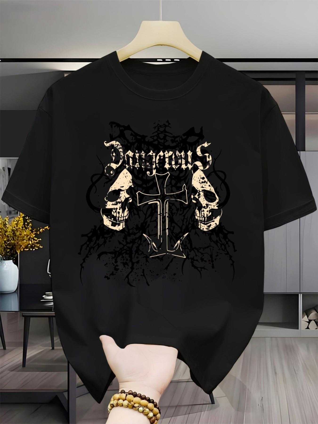 Men's Short Sleeve T-Shirt, Gothic Skull Cross Print, Casual Loose Fit, Breathable Round Neck, Streetwear Fashion, All Seasons