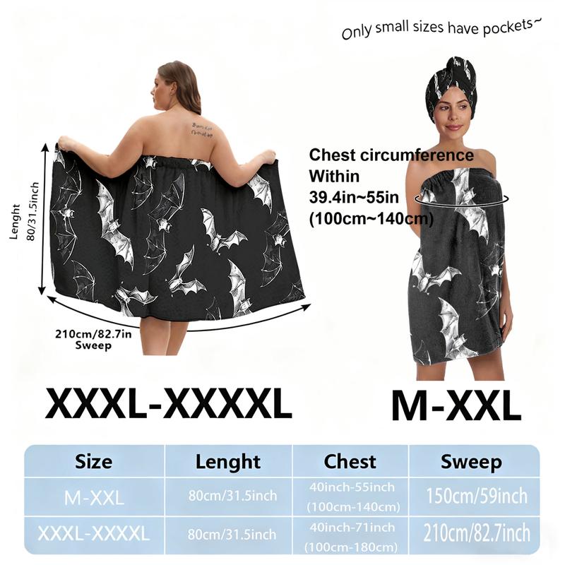 XXXXL plus-size bathrobe set, Halloween bat series, suitable for women, absorbent hair wrap towel for after bathing, spa, and swimming pool. A must-have for home/travel.