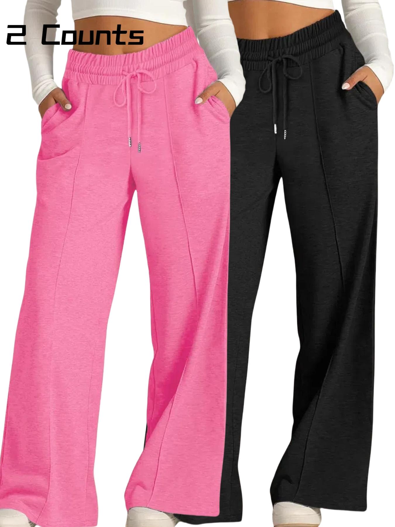 Women's Plain Drawstring High-Waisted Wide-Leg Pants, Loose Fit, Casual with Pockets, Elastic Waist, All Seasons, Daily Wear, Outerwear, Home Wear