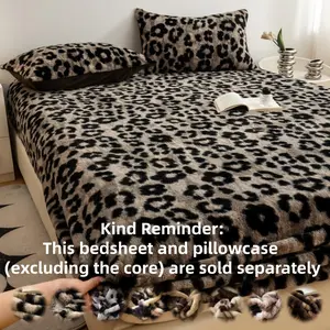Luxury Faux Rabbit Fur Fitted Sheet Bed Sheets Set – Leopard/Tiger/Butterfly Print, Soft Warm Solid Color Bedding, High-Quality Set with 1 Fitted Sheet or 2 Pillowcases, All-Season Use, Perfect for Bedroom, Dorm, Sofa Décor, Ideal Christmas Gift