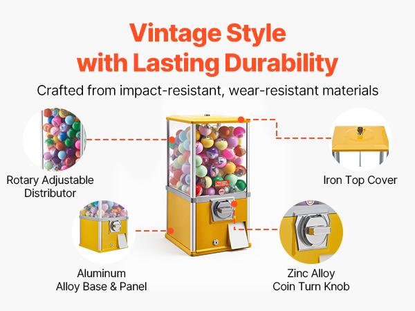 VEVOR Gumball Machine, 21 inch Height Candy Vending Machine Dispenser, 25-Cent Vending Machines for Shopping Malls, Supermarkets, Amusement Parks, Arcades, Holds Up to 180 1.77 inch Spherical Candies
