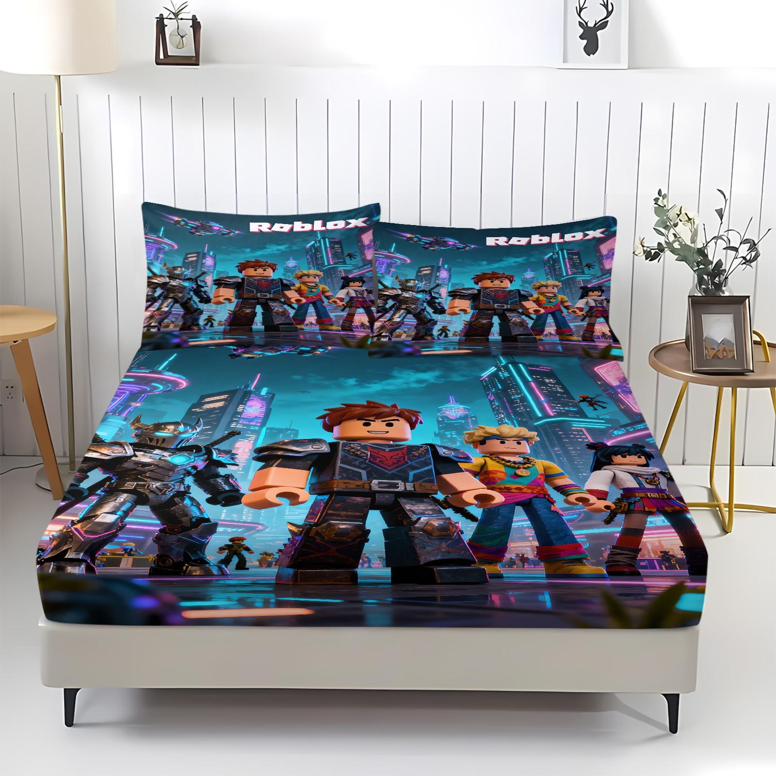 3-Piece Roblox Pattern Bedding Set, Includes 1 Fitted Sheet & 2 Pillowcases, Comfortable Durable Bed Linen, Non-Slip for Bedroom, Kids Gift, Soft Bedding Sets