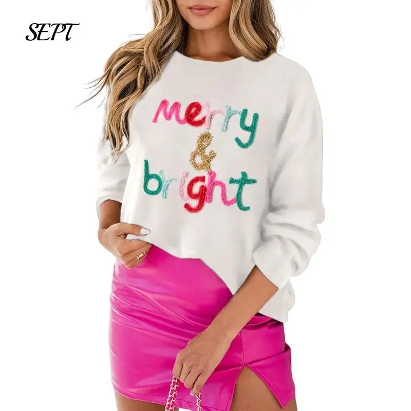 Women's Christmas loose sequin sportswear long sleeved round neck letter embroidered pullover