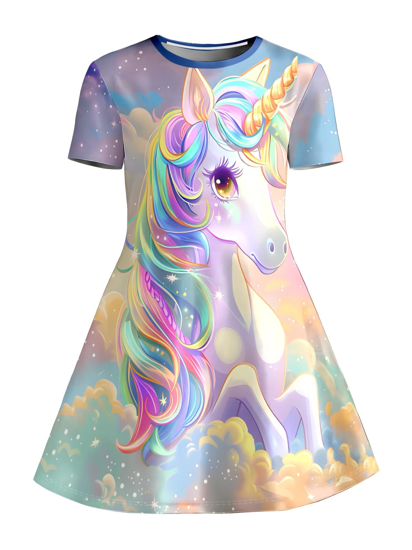 Girls' Rainbow Unicorn Dress, Summer Short Sleeve Cartoon Print, Knee-Length A-Line Princess Dress, Casual Fitted Asymmetrical Design