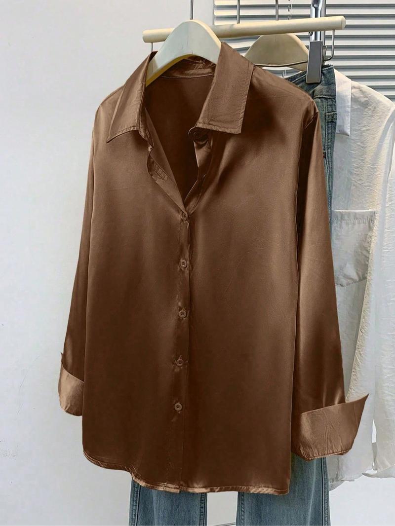 Women's solid color satin button-down long-sleeved casual shirt, made of fashionable silk fabric, suitable for casual office wear and commuting, and appropriate for both spring and autumn.