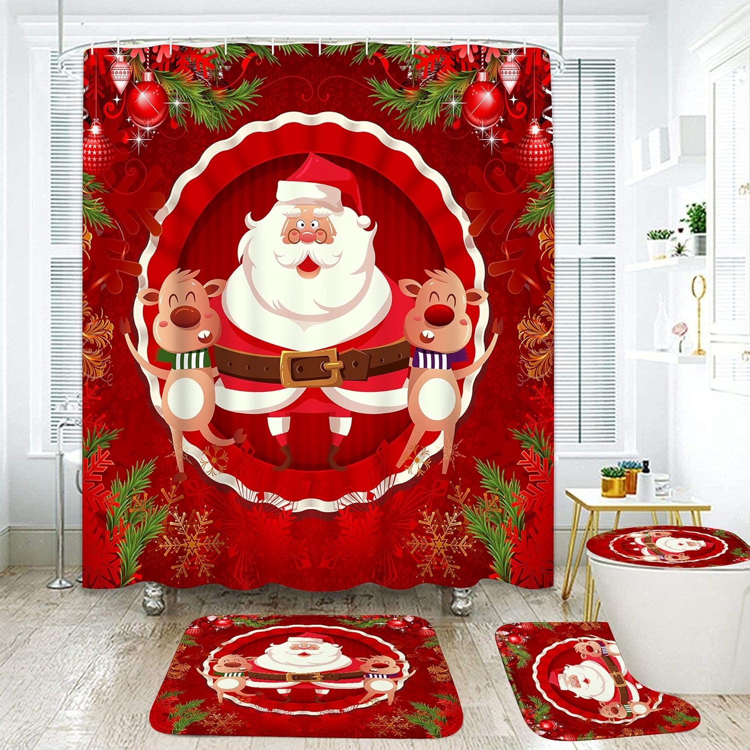 4 Pcs Shower Curtain Set Merry Christmas Happy New Year with Non-Slip Rugs Toilet Lid Cover and Bath Mat Bathroom Decor Set