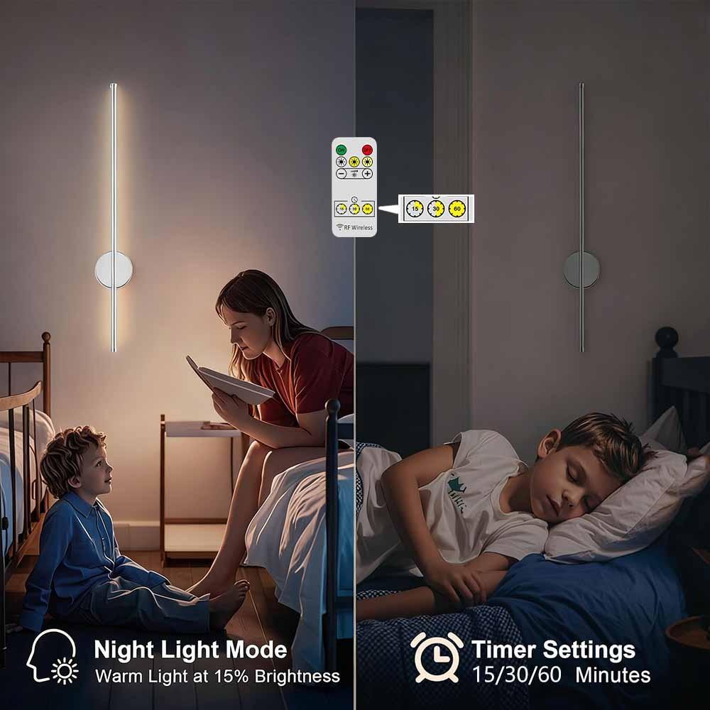 Modern LED Rechargeable Wall Light, Adjustable Wireless Wall Lamp with Remote, 3 Color Temperatures, 19.7 Inch Chrome Finish, Bedroom Living Room Hallway