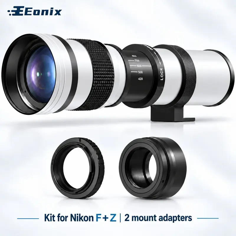 Eonix White 420-800mm Manual Telephoto Lens for Nikon F/Z with 2 Mount Adapters Camera Lenses