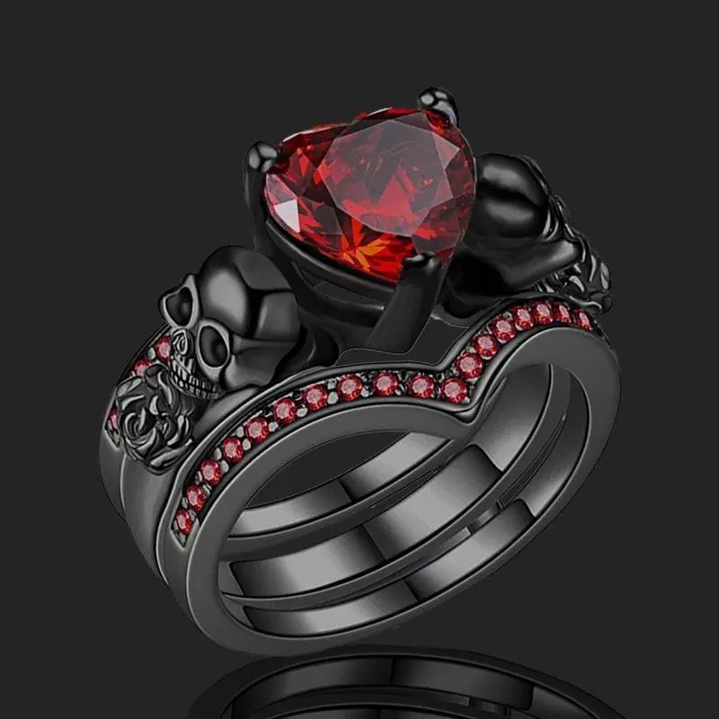 Gothic 3pc Couple Band Set Rings - 18K Gold-Plated Alternative Fashion Jewelry Accessories, Inlaid Heart Zirconia & Horror Skull Bands, Heart-Shaped Gothic Rings for Anniversary Gift (Red/Purple Option)
