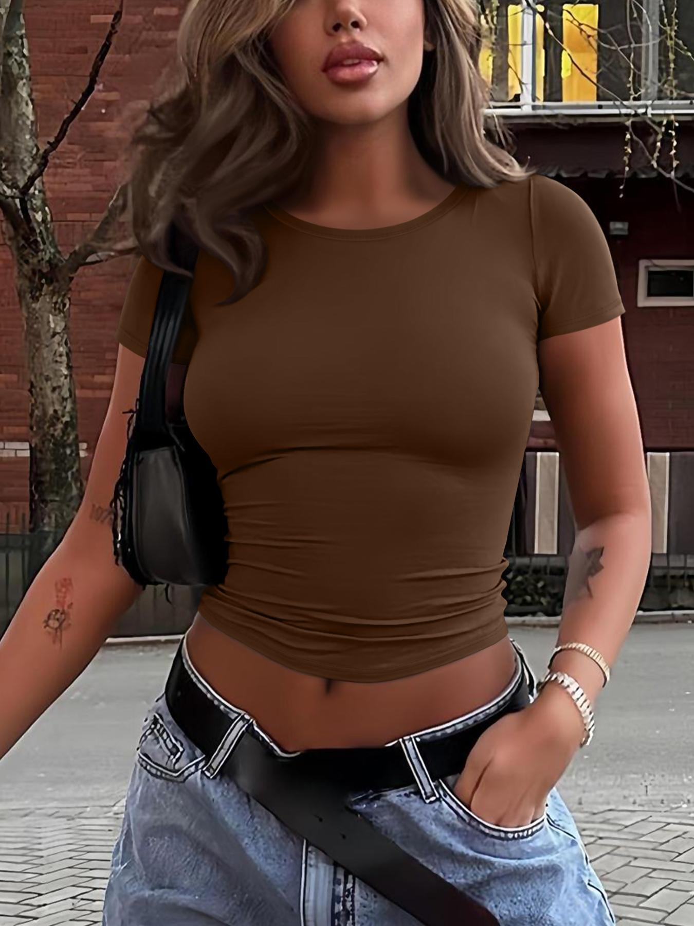 Women's Casual Plain Fitted Short Sleeve Cropped Top, Slim-Fitting Round Neck Tee Shirt, Three-Piece Set for All Seasons