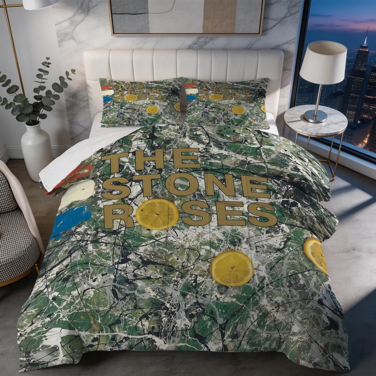 2/3 Piece The Stone Roses Comforter Set, 1 Comforter + 1/2 Pillowcases, Britpop Indie Rock Band Bedding, Retro Music Themed Bedroom Decor for Music Lovers, Ideal Fan Gift
