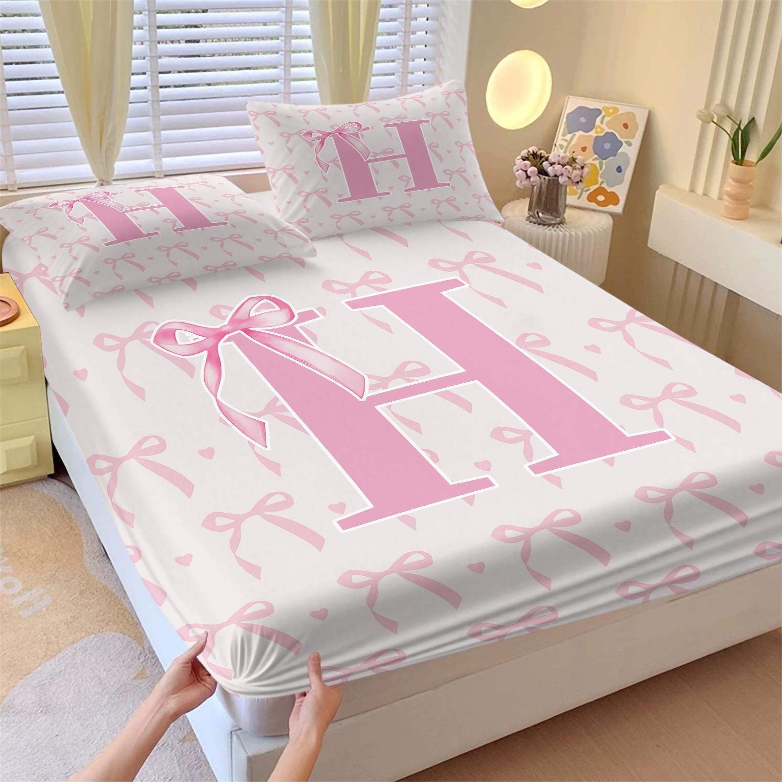 3Pcs Pink Bow Fitted Sheet Set, Custom Initial Sweet Print, Breathable Non-slip Fit, Ideal for Bedroom Dorm Home Decor