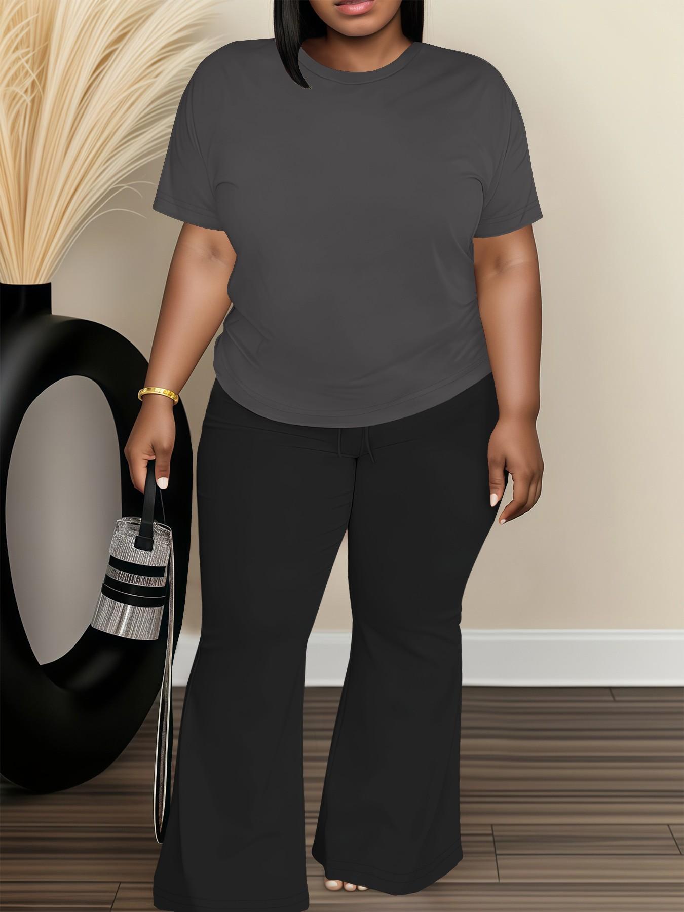 Women's Fashionable Big Size Casual Round Neck Short Sleeve Top & Loose Fit Straight Pants Set, Spring & Fall Comfortable Plain Design Women's Fashionable Big Size Casual Round Neck Short Sleeve Top & Loose Fit Straight Pants Set, Spring & Fall Comfortable Plain Design