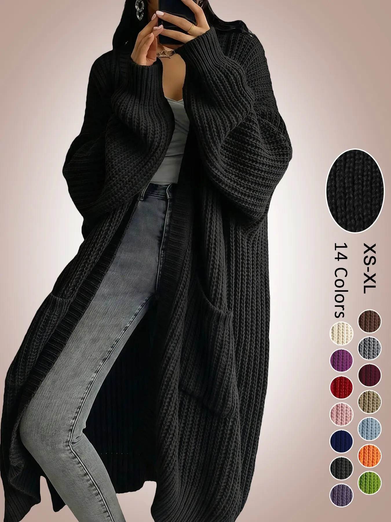 Women's Oversized Y2K Long Sleeve Cardigan, Ribbed Knit Fabric with Pockets, Loose Fit, Long Style, Perfect for Spring Fall Winter, Casual Layering