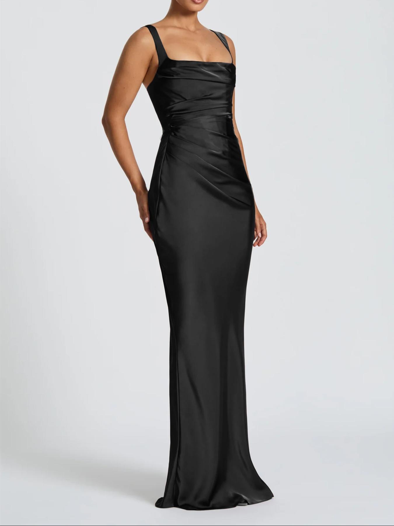 Pure Color Satin Adjustable Square Neck Sleeveless Dress, Elegant Evening Gown with Waist Cinching and Back Tie, Slim-Fitting Long Dress