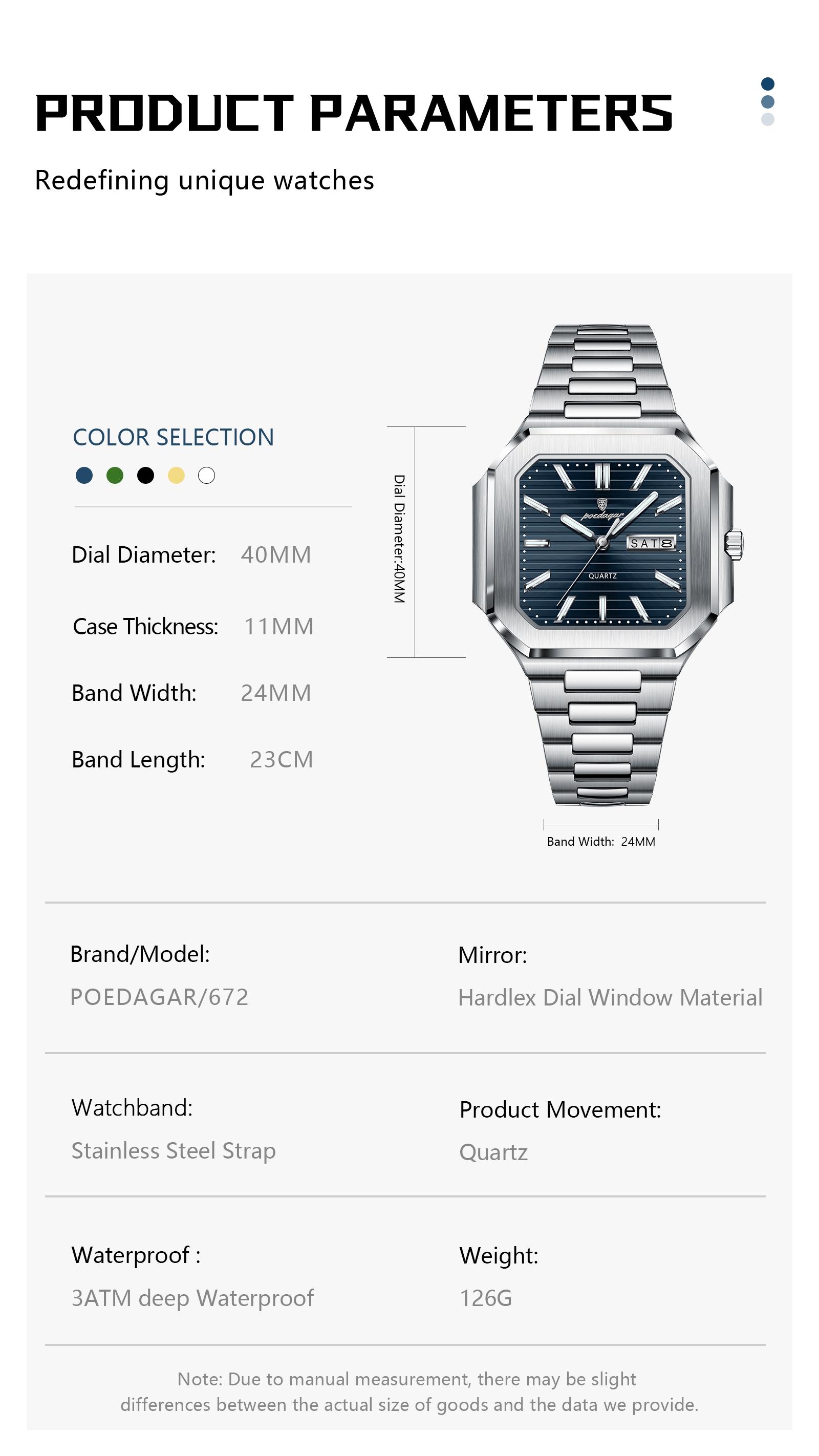 Poedagar square luxury fashion men's waterproof quartz watch, Water Resistant Watch, with luminous date and day display, stainless steel men's watch Square dial wristwatch