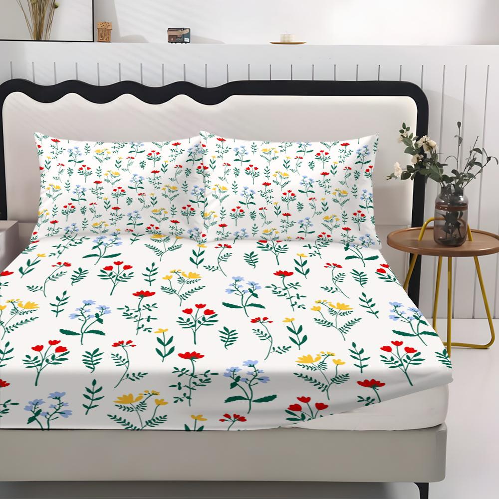 Three pieces with small floral patterns in the three primary colors  Print Fitted Sheet Set (1 Fitted Sheet + 2 Pillowcases), Casual Style, High-Quality Bedding for Bedroom or Guest Room