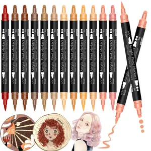 12 Colors Skin Tone Markers,Dual Tip Acrylic Paint Markers , Dot Tip & Brush Tip,Skin Tone Colors for Versatile Art Pens on Rock, Canvas, Tile, Glass, Ceramic, Wood, Art Markers Set