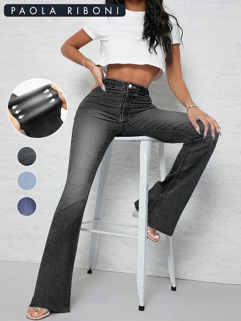 Women's Elastic Casual Denim Bell Bottoms, Slim-Fitting Natural Waist Pants, Plain Pattern, All Seasons, Pockets Design
