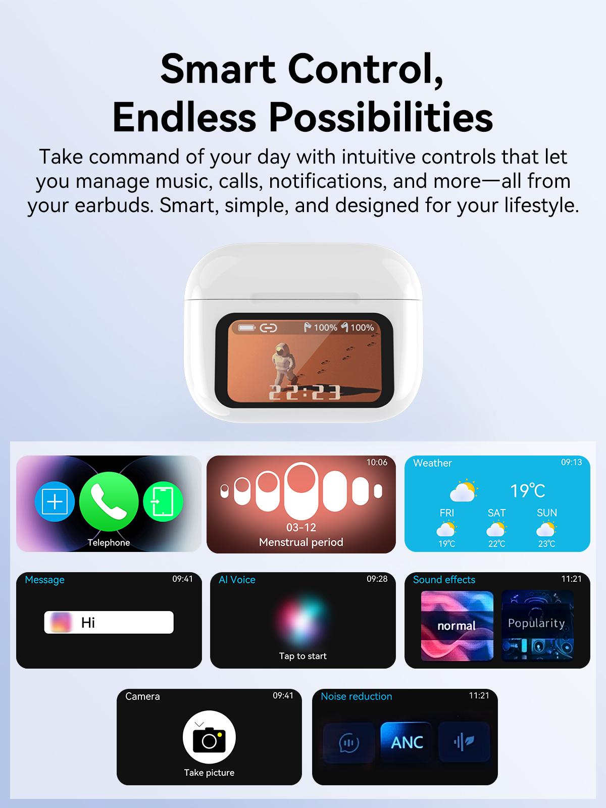 Smart Display Earbuds Case | Bluetooth 5.3 Wireless Noise-Canceling Earbuds  | Perfect Gift-Ready High Quality Headphones Audio headphones bluetooth noisecancellingheadphones