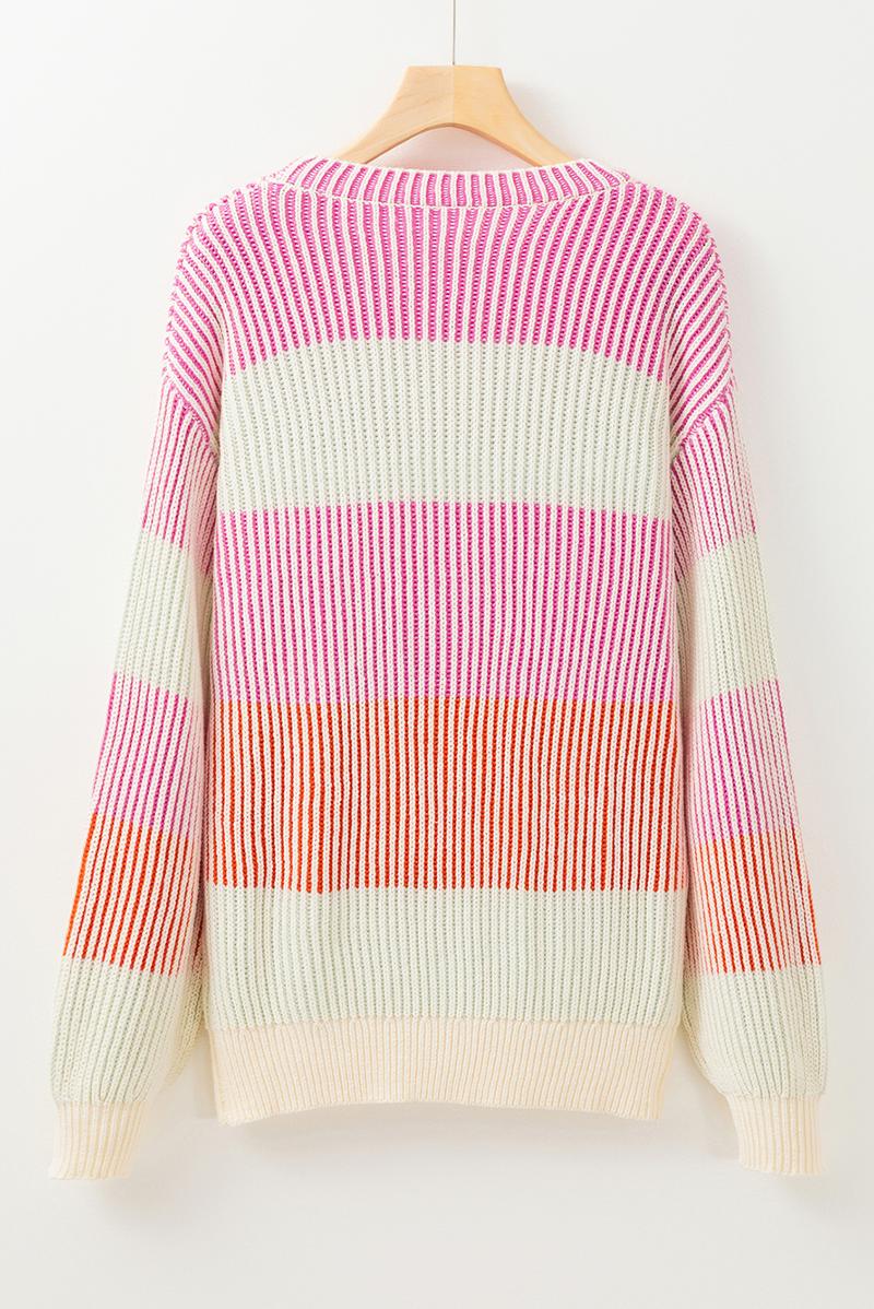 Women's Sweet Candy Pink Colorblock Textured Knit Bubble Sleeve Sweater