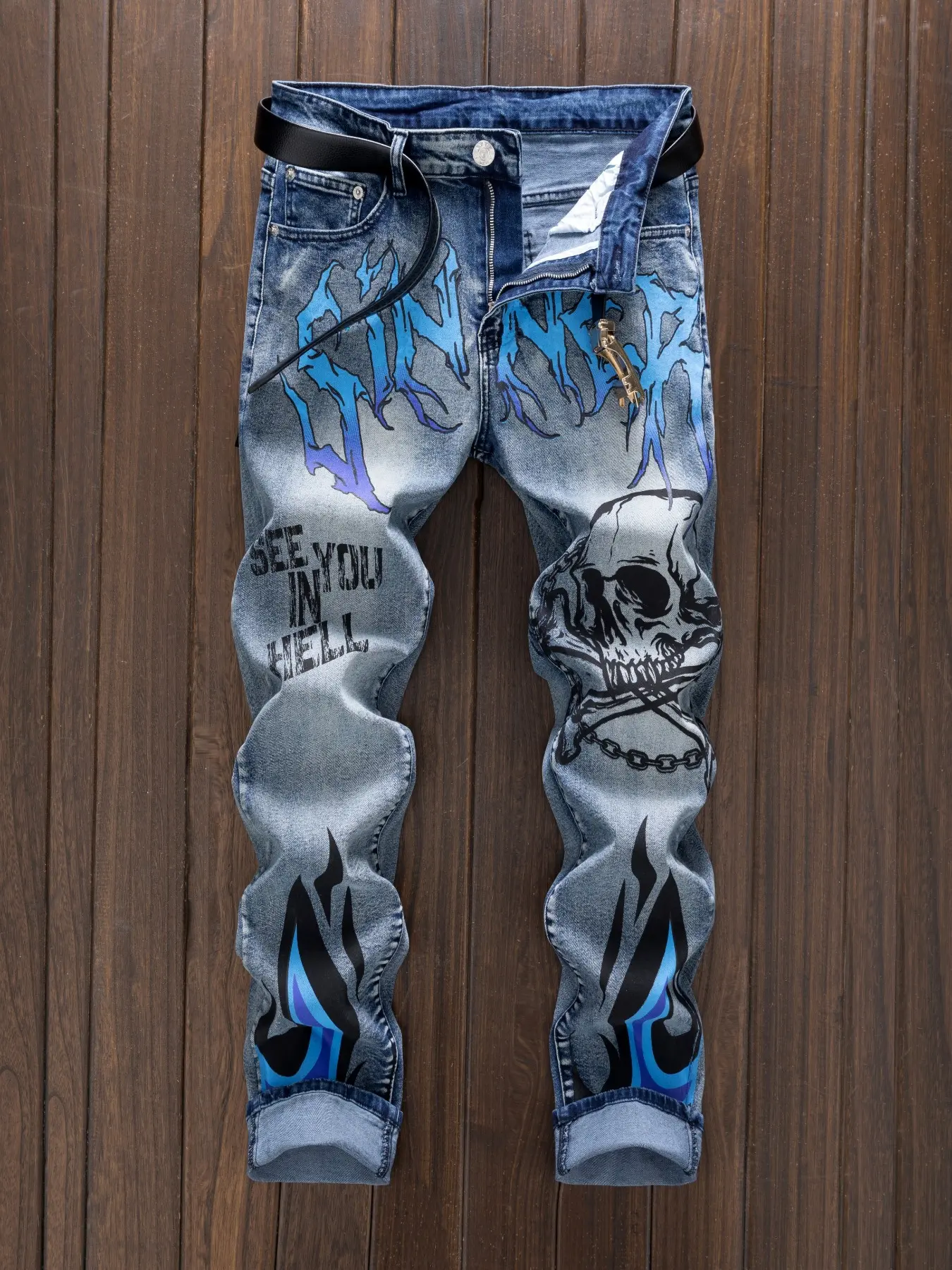 Men's Street Fashion Versatile Casual Print Straight Leg Streetwear Jeans, New European Style Denim Jeans, Comfortable and Stylish