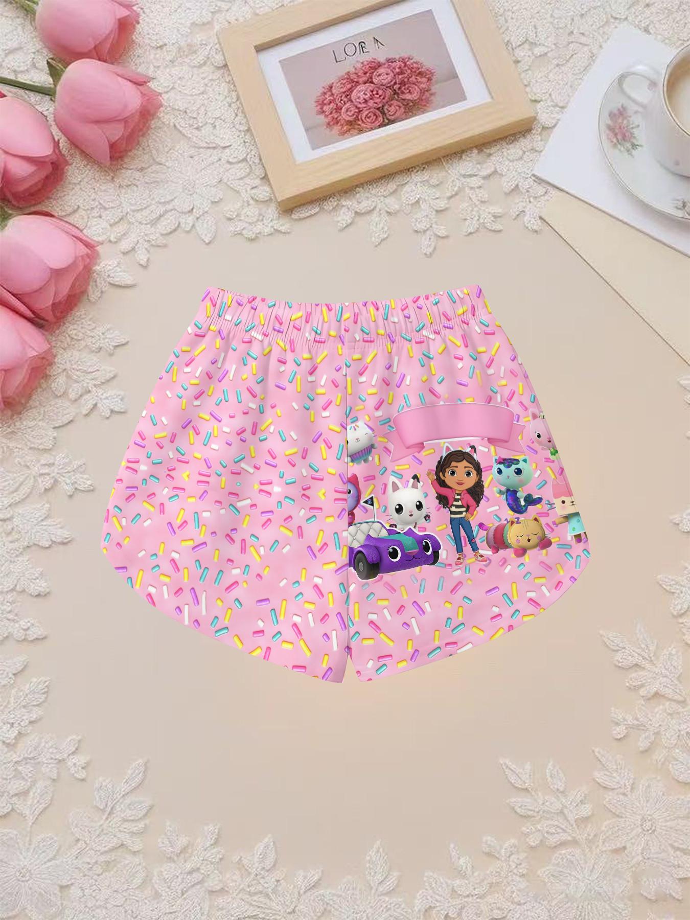 Girls' 3D Short Sleeve Set, Gabby Dollhouse Candy Sprinkle Print, Perfect for Outdoor, Gifts, Birthday Parties, Casual Slim Fit Crop Top Suit