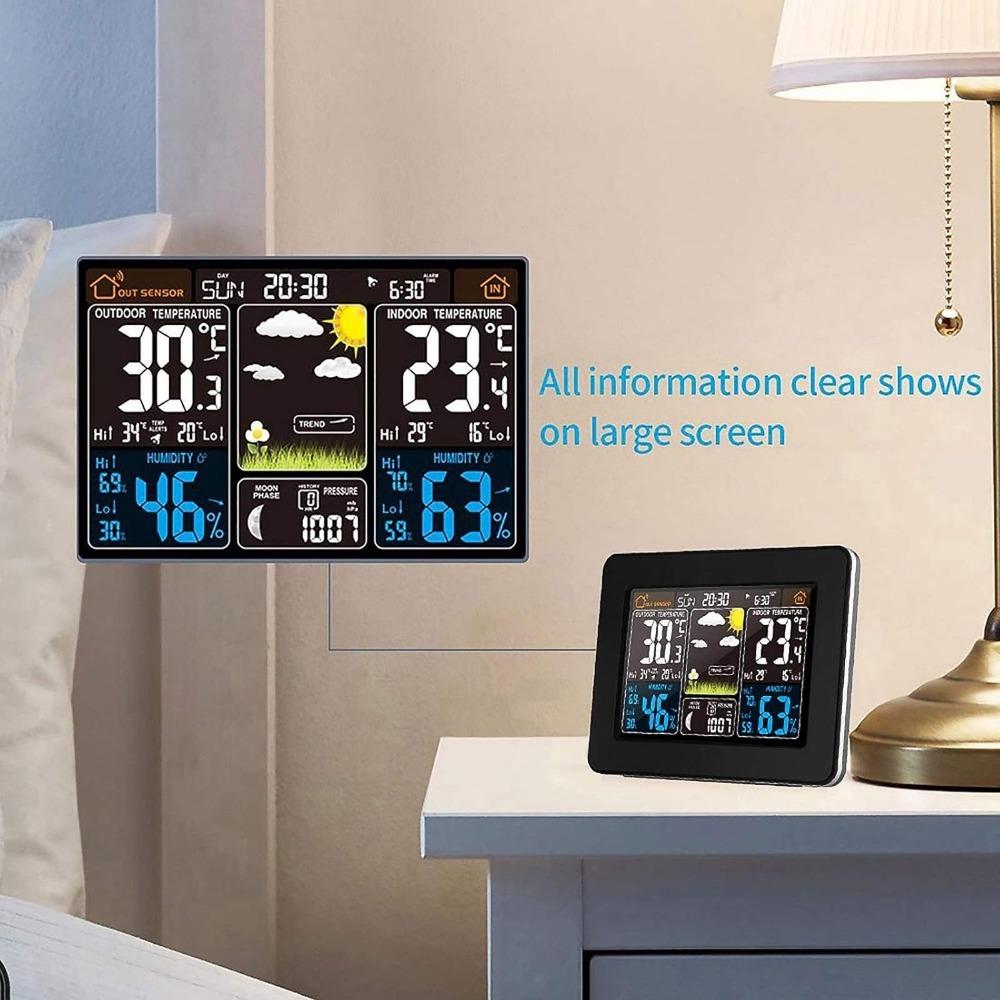 Multi-Function Wireless Weather Station with Color Display, Indoor Outdoor Lcd Thermometer Hygrometer, Alarm Clock, Weather Forecast, Barometer, Moon Phase and Environmental Monitor for Home.