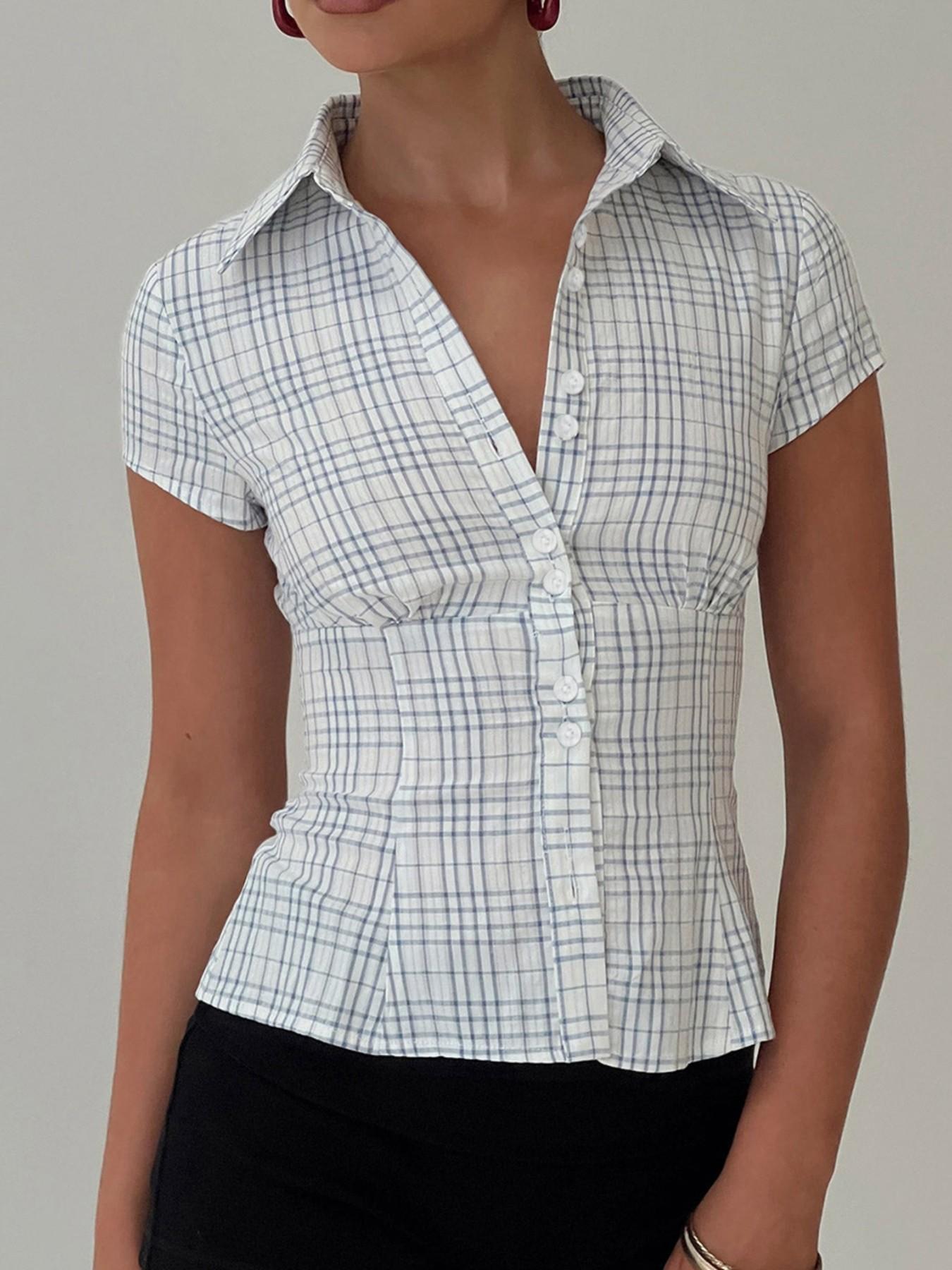 Women's Plaid Print Curved Hem Short Sleeve Casual Fitted Collared Blouse, Button Up Shirt, Casual Bishop Sleeve Top for Summer, Ladies Clothes for Daily Wear